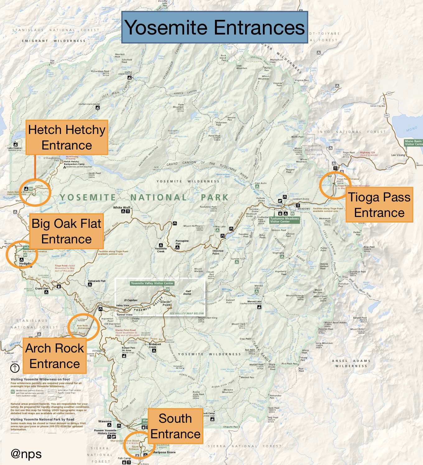 Map showing entrances to Yosemite